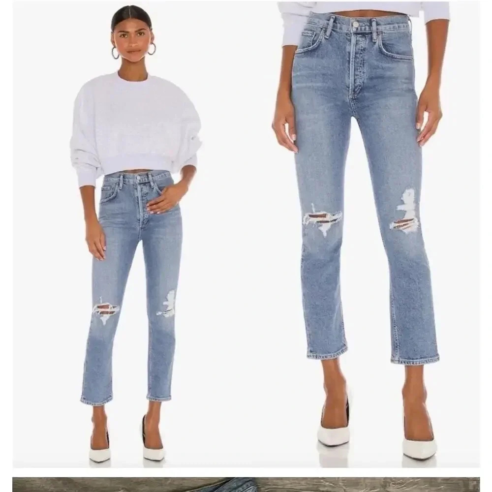 AGOLDE Blue Distressed Straight Leg Jeans Size 26 Riley